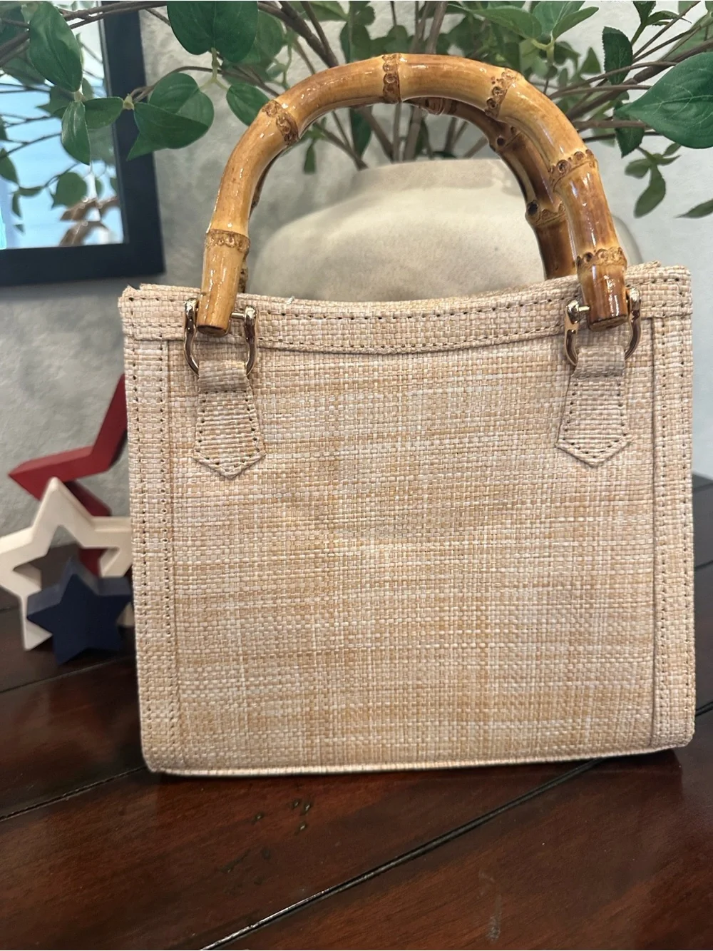 Tommy Bahama Beige Woven Tote with Bamboo Handles & Gold Chain
